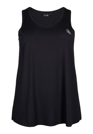 Schwarzes Tanktop aus weichem, atmungsaktivem Material. Hat einen runden Ausschnitt, ärmelloses Design und ein dezent gemustertes Loch am Brustbereich.