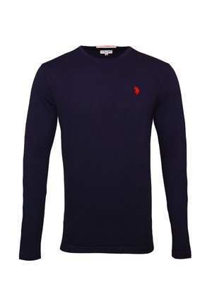 Marineblaues Langarmshirt mit Rundhalsausschnitt und kleinem roten, gesticktem Logo eines Pferdes mit Reiter auf der linken Brustseite.