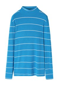 Zils garām piedurknēm turtlenecks krekls ar vertikālu ribotu tekstūru un baltu horizontālu svītru, veidots bez redzamām aizdarēm vai akcentiem.