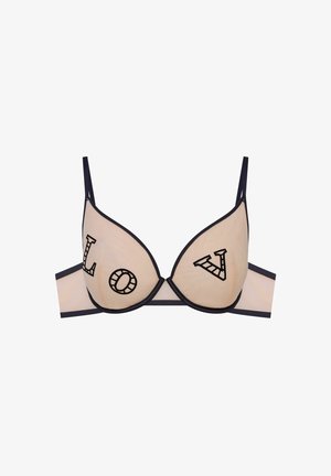 Beżowy stanik z czarnymi detalami, z literami "L" i "V" w wyraźnej czcionce. Konstrukcja z drutem, z regulowanymi ramiączkami i przezroczystą fakturą.