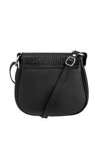 Black crossbody bag featuring textured leather with a crocodile pattern on the flap, adjustable strap, and silver-tone hardware accents.