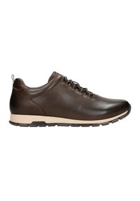 Brown leather sneakers with perforated upper, black laces, and light beige sole. Features a rear pull tab and cushioned midsole.