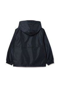 Giacca impermeabile blu navy con cappuccio, polsini elasticizzati e vita regolabile. Realizzata in morbido tessuto di nylon con vestibilità rilassata.