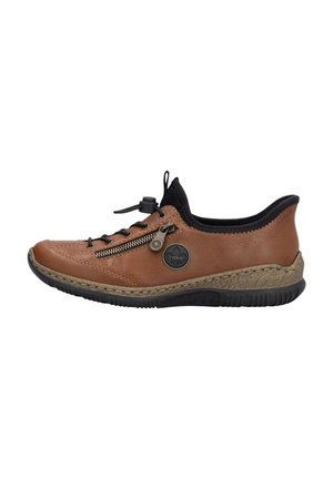 Brown leather shoe with black accents, featuring a textured finish, lace-up design, side zipper, and a flexible black sole.