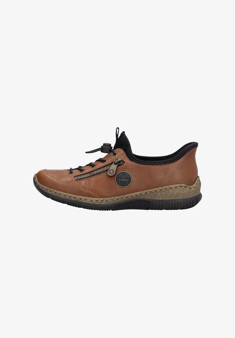 Brown leather shoe with black accents, featuring a textured finish, lace-up design, side zipper, and a flexible black sole.