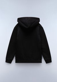 Felpa nera con cappuccio, texture liscia, polsini e orlo a costine, e un design semplice e minimalista. Nessun logo o motivo visibile.