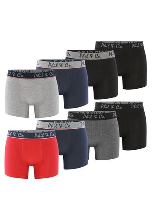 Acht Paare Boxershorts in Rot, Grau, Marine und Schwarz, mit elastischen Taillenbündchen und Logodetails. Weiche Baumwolltextur.