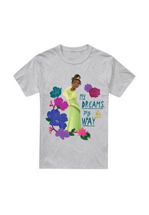 Gray t-shirt featuring a character in a green dress surrounded by colorful flowers and the text "My Dreams, My Way." Soft cotton fabric.