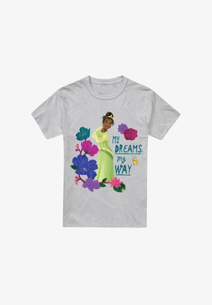 Gray t-shirt featuring a character in a green dress surrounded by colorful flowers and the text "My Dreams, My Way." Soft cotton fabric.