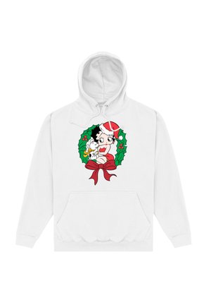 Biała bluza z kapturem z grafiką postaci w czapce Mikołaja, otoczonej liśćmi ostrokrzewu i czerwoną kokardą, z dużą przednią kieszenią.