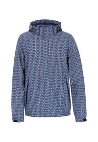 Jachetă cu model geometric, de culoare albastru marin, dotată cu glugă, fermoar frontal și buzunare, realizată dintr-un material neted și ușor.