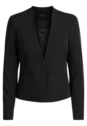 Sort skræddersyet damesblazer med lange ærmer, enkeltknaplukning, notched revers og to forlommer.