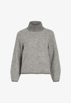Maglione a collo alto grigio con motivo a spina di pesce, caratterizzato da un design a maglia testurizzata, con maniche ampie e una vestibilità rilassata. Materiale morbido.