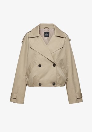 Beige, kurz geschnittene Doppelreiherjacke mit breiten Revers, geknöpften Manschetten, Vorder Taschen und Schulterriemen-Details.
