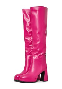 Cizme până la genunchi fucsia, din material sintetic lucios, cu toc pătrat, vârf rotunjit și textură netedă, fără cute.