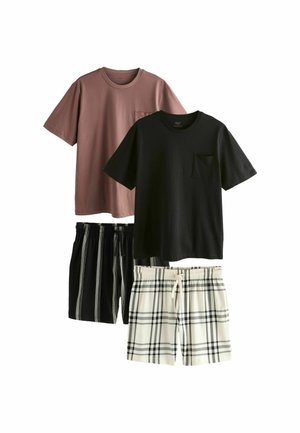 To sæt crew neck T-shirts i mauve og sort, plus sorte stribede shorts og hvide ternede shorts med elastisk talje.