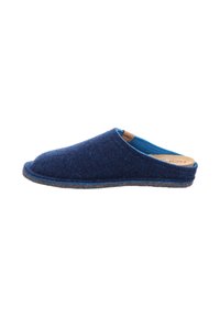 Navy blue wool slip-on slipper with a curved design, soft texture, and gray sole. Features a brown accent tag on the upper side.