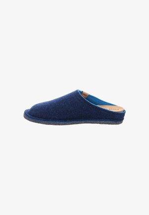 Marineblaue Wollschlappen zum Hineinschlüpfen mit geschwungenem Design, weicher Textur und grauer Sohle. Besitzt ein braunes Akzentetikett an der oberen Seite.