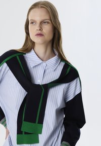 Gestreepte blauw-witte button-up shirt met een ontspannen kraag, gelaagd onder een marineblauwe sweater met groene en zwarte accenten.