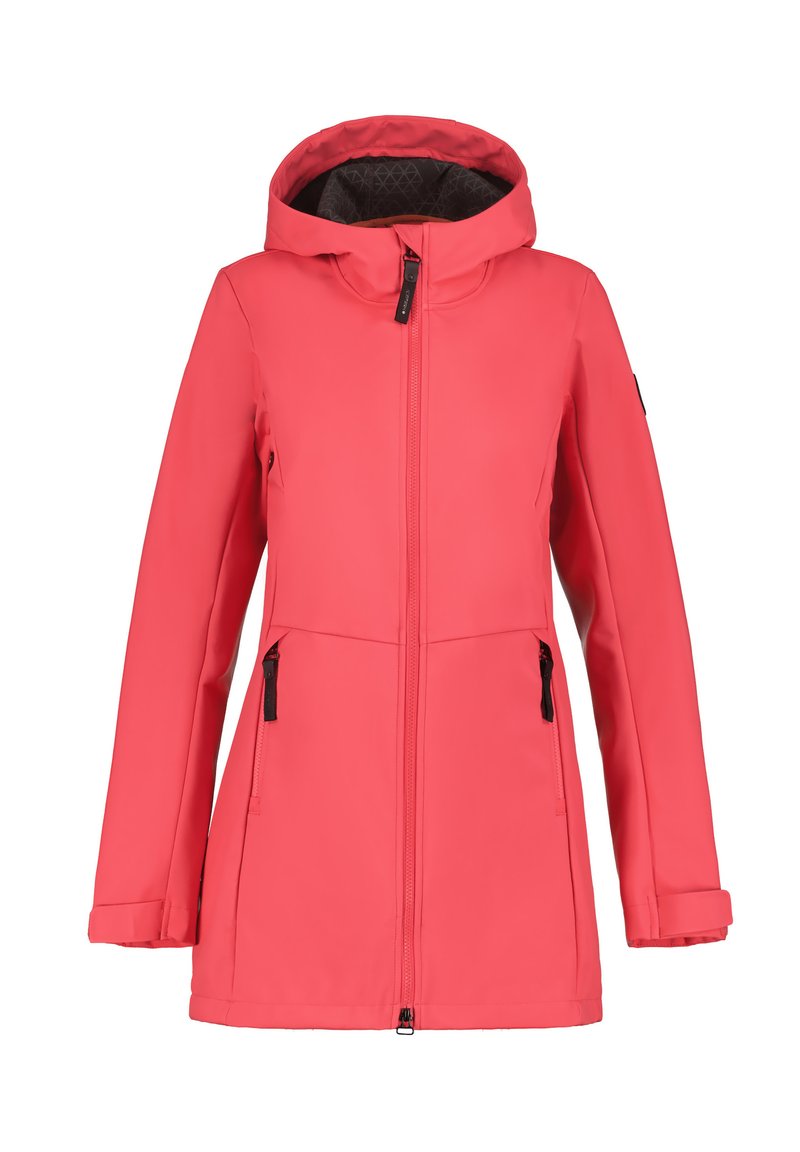 Chaqueta impermeable de color rosa coral con cremallera frontal, capucha desmontable, bolsillos con cremallera y textura suave; cuenta con puños y dobladillo elásticos.