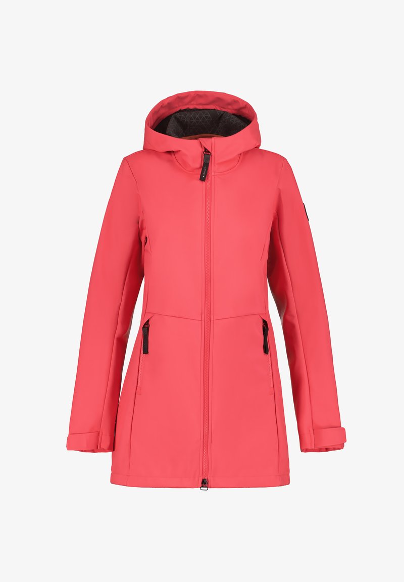 Coral pink waterproof jacket with a zip front, detachable hood, zippered pockets, and smooth texture; features elastic cuffs and hem.
