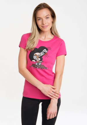 Pink cotton t-shirt featuring a graphic of a cartoon mole digging in the ground, short sleeves, and a round neckline.
