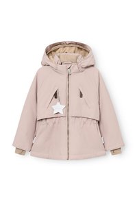 Veste à capuche rose pâle avec fermeture éclair à l'avant, taille élastique avec cordon de serrage, poches latérales et étiquette en forme d'étoile. Doublure intérieure en tissu doux.