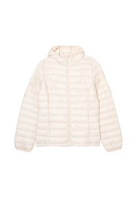 Giacca leggera imbottita di colore crema, con cappuccio, zip frontale e texture a righe verticali per l'isolamento.