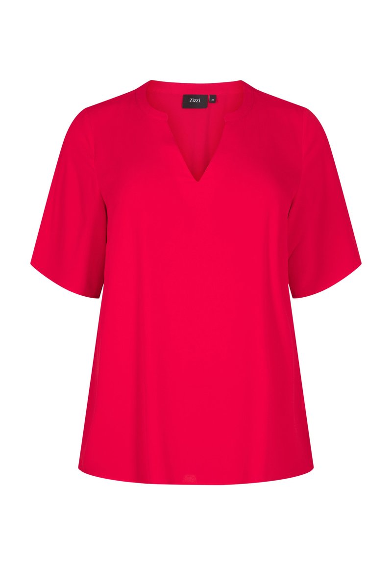 Top rosso a maniche corte con scollatura a V, realizzato in tessuto liscio. Vestibilità ampia con spacchi laterali per maggiore comodità e stile.