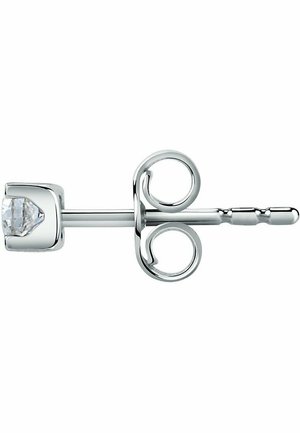 Silberne Ohrstecker mit einem klaren, diamantähnlichen Stein in quadratischer Fassung und einem doppelten Schleifen-Design; glatte und polierte Oberfläche.