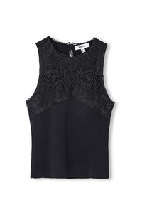 Bordowy top bez rękawów z misternymi koronkowymi detalami na górnej części klatki piersiowej i ramionach, z małym zapięciem z tyłu dekoltu.