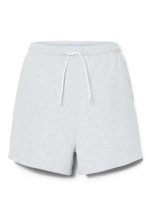 Pantaloni corti di cotone grigio chiaro con vita elasticizzata e cordoncino bianco, mostrati frontalmente su uno sfondo bianco.