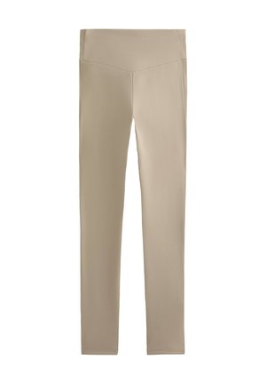 Leggings bej cu talie înaltă, textură netedă și picioare lungi, ajustate. Detalii de cusături îmbunătățesc designul. Potrivite pentru îmbrăcăminte sportivă.