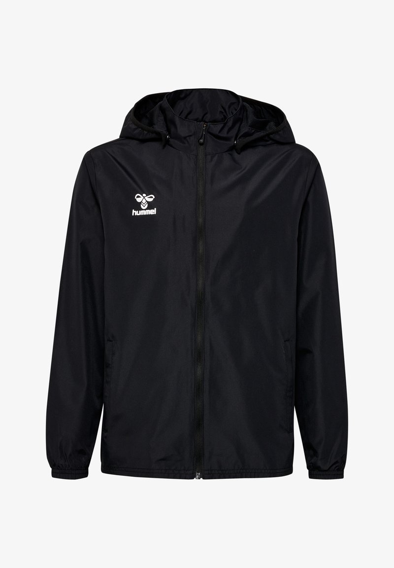 Schwarze Windbreaker-Jacke mit Reißverschluss vorne, verstellbarem Kapuze, elastischen Bündchen und weißen Logo-Details. Glattes, leichtes Material.