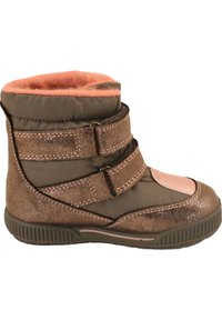 Brauner wasserdichter Stiefel mit zwei Klettverschlüssen, einem pinkfarbenen Akzent an der Spitze und einem weichen, warmen Futter. Strukturierte Oberfläche und Gummisohle.