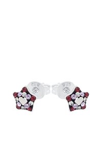 Orecchini a forma di stella argentata con vari rhinestone colorati, caratterizzati da un accento a forma di cuore al centro e una chiusura sicura.