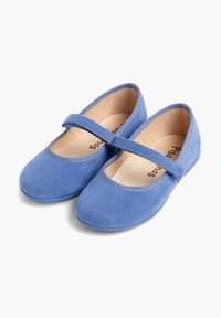 Pantofi Mary Jane din suede albastru, cu vârful rotunjit și o curea peste glezna piciorului. Interiorul are o căptușeală de o culoare deschisă.