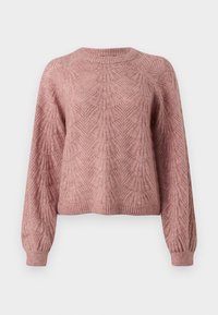 Maglione rosa morbido lavorato a maglia con maniche lunghe e un motivo geometrico testurizzato, caratterizzato da polsini e orlo a coste.
