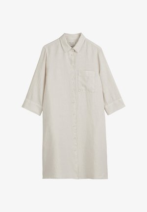 Linen shirt dress in light beige with a collared neckline, button front, and single chest pocket. Features three-quarter sleeves and straight cut.