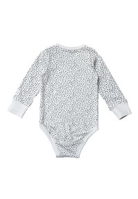Weißer Baby-Body mit langen Ärmeln, schwarzen Punkten, gerippten Bündchen und Druckknöpfen am Boden, von hinten gezeigt.