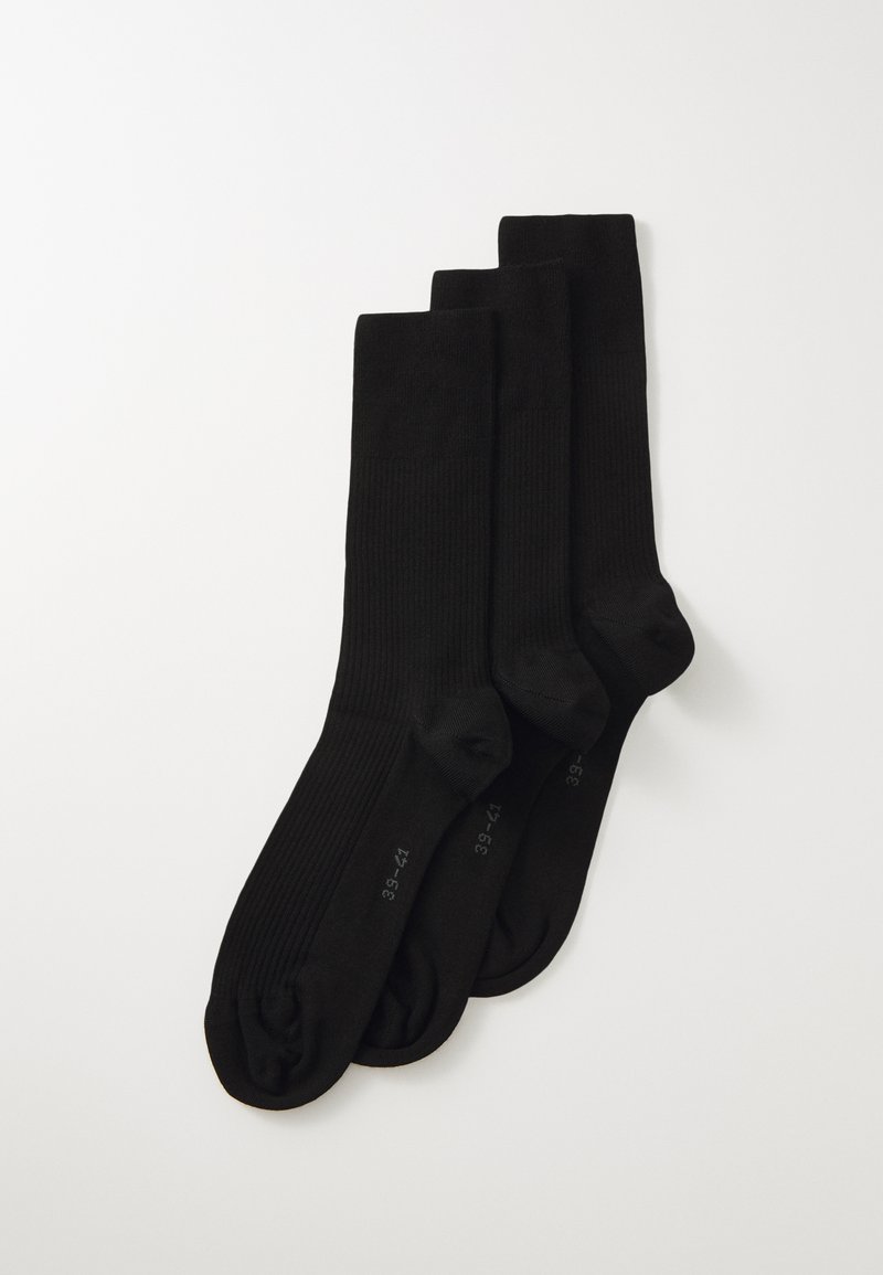 Black crew socks in a pack of three. Made of a smooth, stretchy fabric with ribbed texture. Each sock features a reinforced toe.