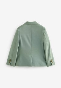 Blazer vert pâle avec un design ajusté, col cranté et accents à trois boutons sur les manches, présentant une texture lisse et des lignes épurées.