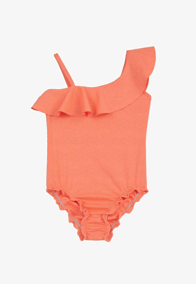 Maillot de bain une-pièce corail avec une bretelle à volants, tissu texturé et fronces au niveau des jambes. Fini lisse dans l'ensemble.