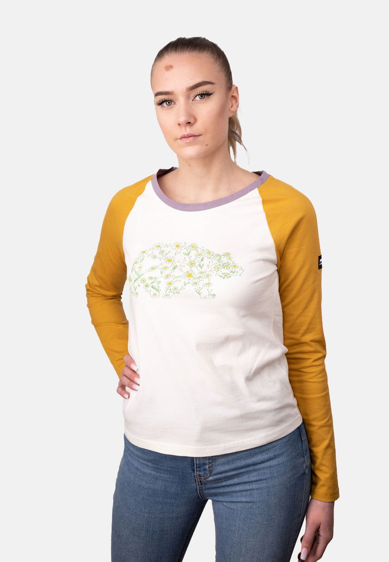 T-shirt a maniche lunghe con corpo bianco e maniche gialle brillanti, caratterizzato da un design di orso con motivo floreale sulla parte anteriore. Materiale di cotone morbido.