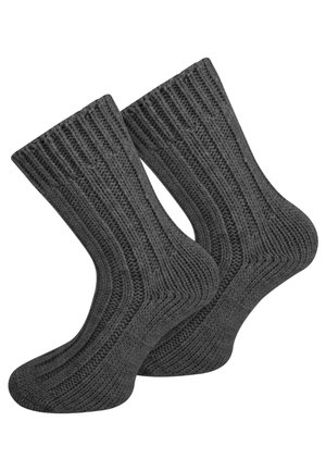 Graue gestrickte Socken mit gerippter Struktur, einer gepolsterten Sohle sowie verstärkten Fersen- und Zehenbereichen, die für Langlebigkeit und Wärme konzipiert sind.