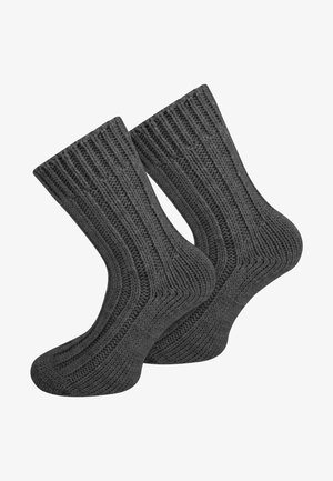 Graue gestrickte Socken mit gerippter Struktur, einer gepolsterten Sohle sowie verstärkten Fersen- und Zehenbereichen, die für Langlebigkeit und Wärme konzipiert sind.