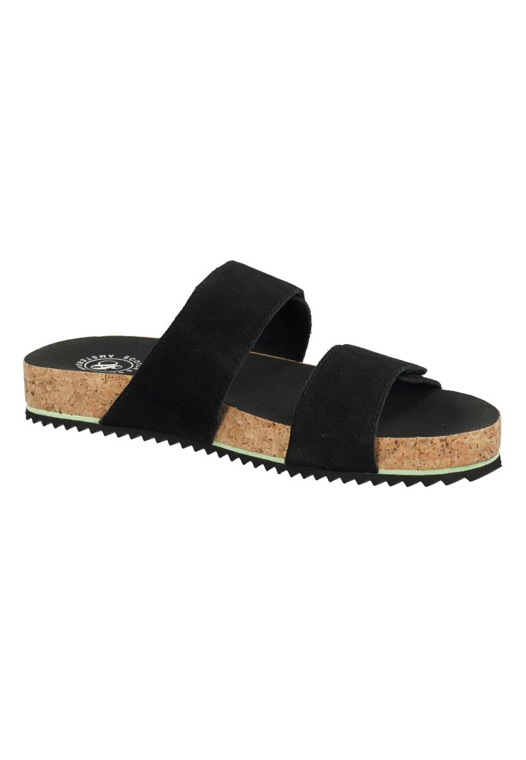 Black suede platform sandals with two wide straps, cork midsole, and rubber sole featuring a zigzag pattern.