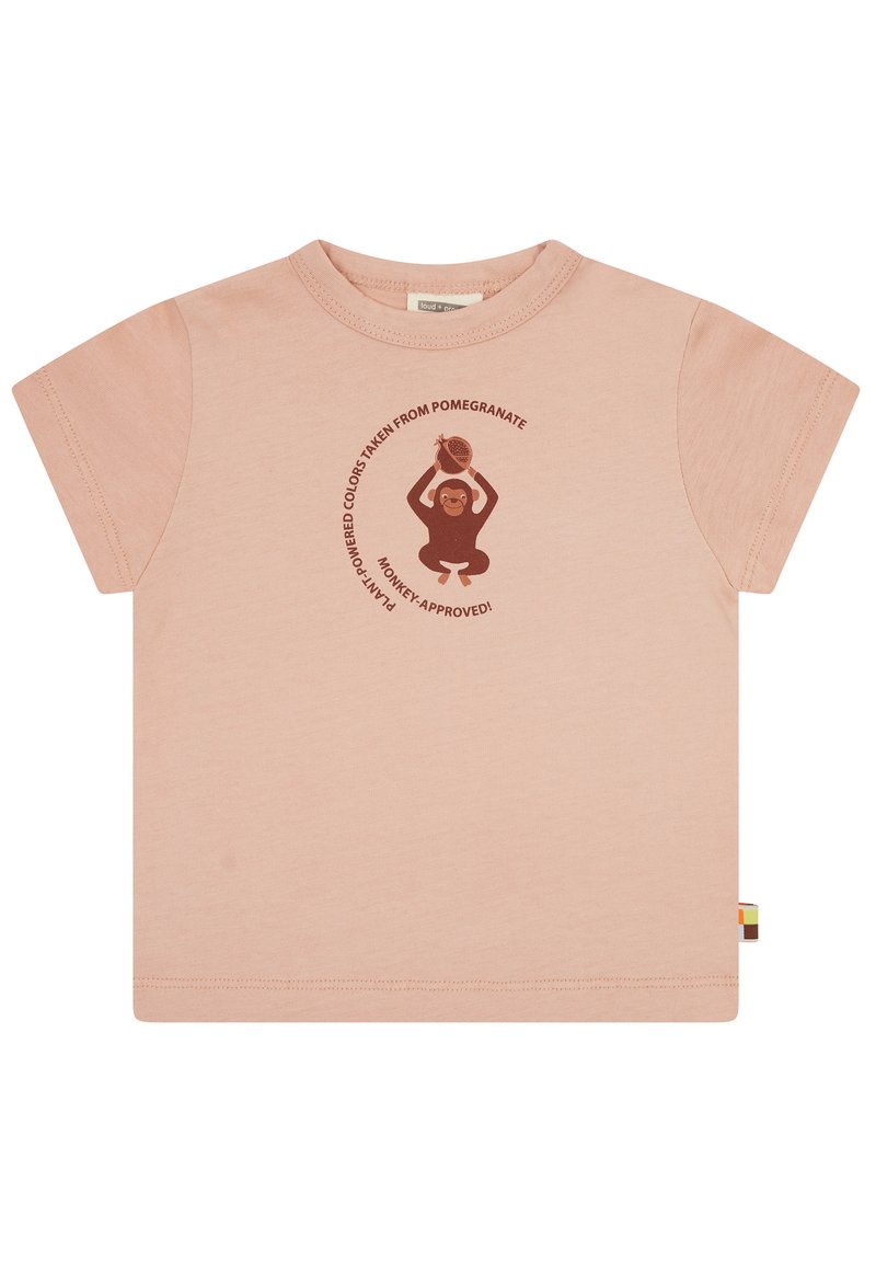 Kurzärmliges pinkes Baumwoll-T-Shirt mit einem braunen Affen-Graphic und umgebendem Text. Etikett mit mehrfarbigen Akzenten am Saum.