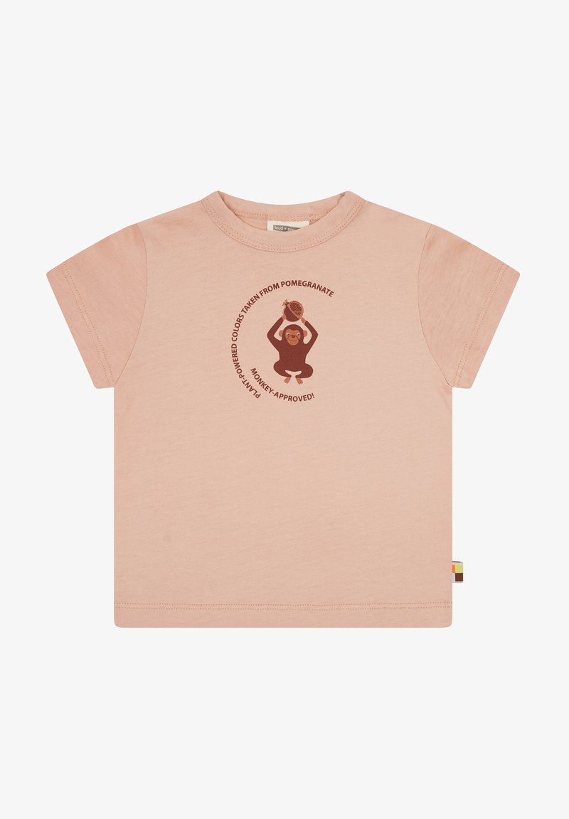 Kurzärmliges pinkes Baumwoll-T-Shirt mit einem braunen Affen-Graphic und umgebendem Text. Etikett mit mehrfarbigen Akzenten am Saum.