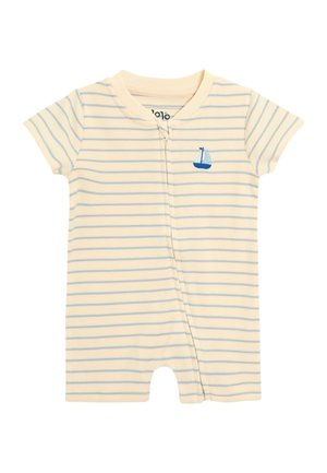 Cremefarbiger Babystrampler mit hellblauen horizontalen Streifen, kurzen Ärmeln, Reißverschluss vorne und kleiner blauer Segelboot-Stickerei auf der Brust.